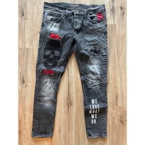 XWAY Dark Gray Skinny Jeans Skull Embroidered We Love What We Do Size 36x29